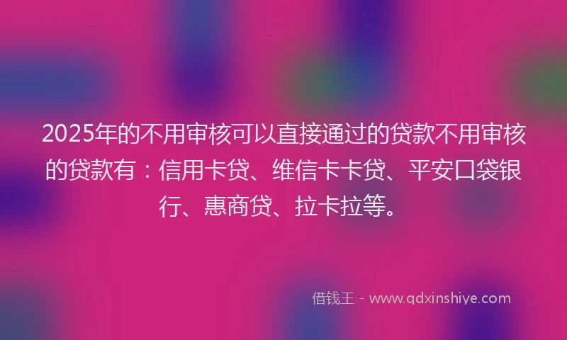 2025年的不用审核可以直接通过的贷款不用审核的贷款有：信用卡贷、维信卡卡贷、平安口袋银行、惠商贷、拉卡拉等。