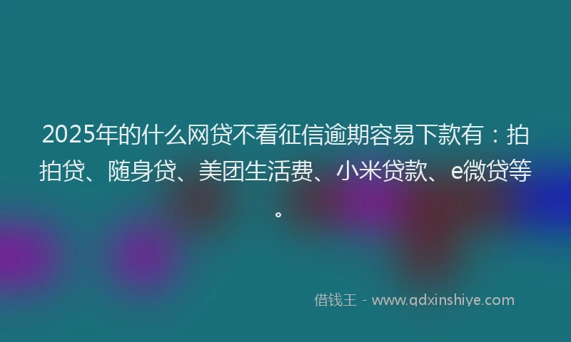 2025年的什么网贷不看征信逾期容易下款有：拍拍贷、随身贷、美团生活费、小米贷款、e微贷等。