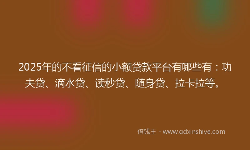 2025年的不看征信的小额贷款平台有哪些有：功夫贷、滴水贷、读秒贷、随身贷、拉卡拉等。