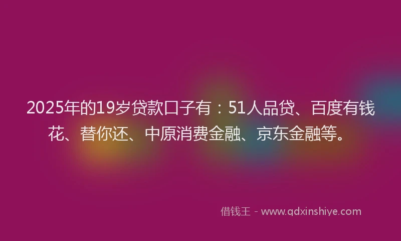 2025年的19岁贷款口子有：51人品贷、百度有钱花、替你还、中原消费金融、京东金融等。