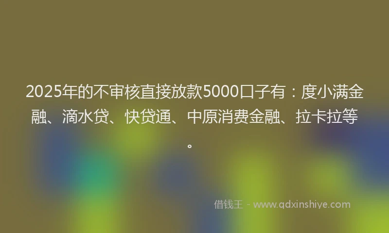 2025年的不审核直接放款5000口子有：度小满金融、滴水贷、快贷通、中原消费金融、拉卡拉等。