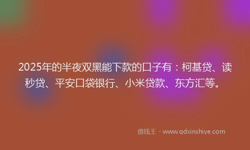 2025年的半夜双黑能下款的口子有：柯基贷、读秒贷、平安口袋银行、小米贷款、东方汇等。