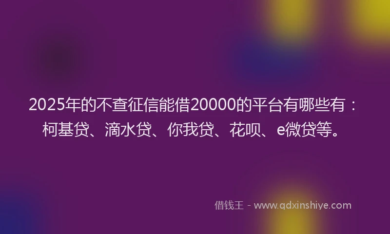 2025年的不查征信能借20000的平台有哪些有：柯基贷、滴水贷、你我贷、花呗、e微贷等。