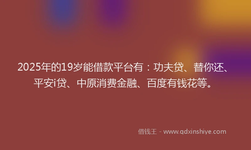 2025年的19岁能借款平台有：功夫贷、替你还、平安i贷、中原消费金融、百度有钱花等。