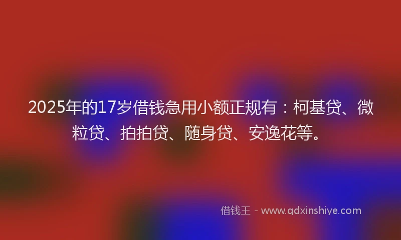 2025年的17岁借钱急用小额正规有：柯基贷、微粒贷、拍拍贷、随身贷、安逸花等。