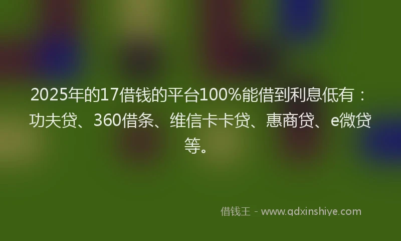2025年的17借钱的平台100%能借到利息低有：功夫贷、360借条、维信卡卡贷、惠商贷、e微贷等。