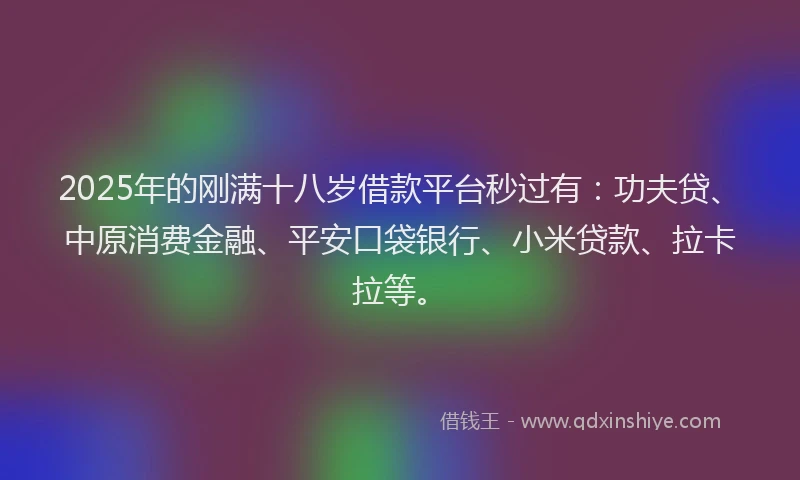 2025年的刚满十八岁借款平台秒过有：功夫贷、中原消费金融、平安口袋银行、小米贷款、拉卡拉等。