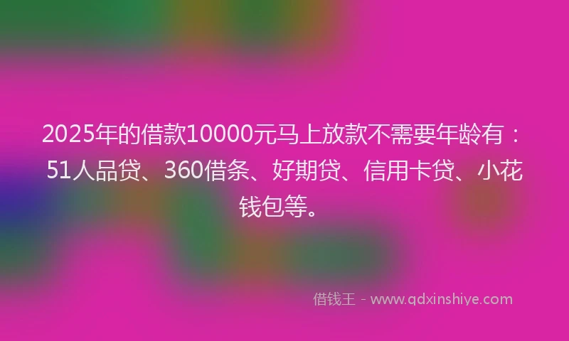 2025年的借款10000元马上放款不需要年龄有：51人品贷、360借条、好期贷、信用卡贷、小花钱包等。