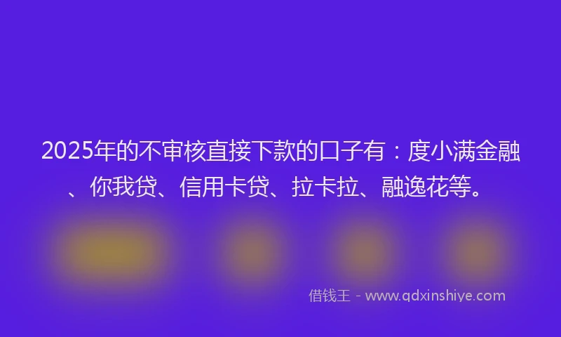 2025年的不审核直接下款的口子有：度小满金融、你我贷、信用卡贷、拉卡拉、融逸花等。