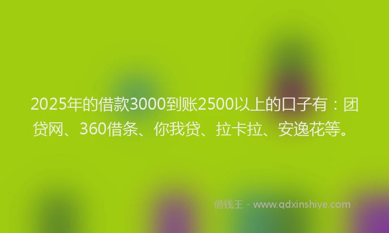 2025年的借款3000到账2500以上的口子有：团贷网、360借条、你我贷、拉卡拉、安逸花等。