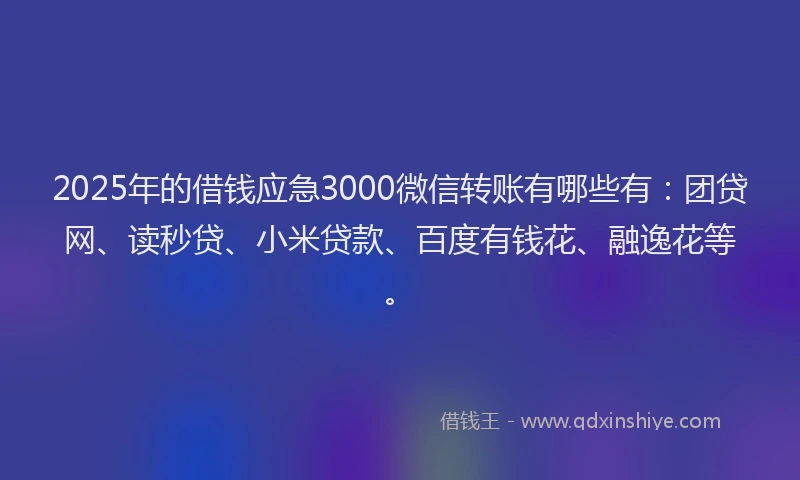 2025年的借钱应急3000微信转账有哪些有：团贷网、读秒贷、小米贷款、百度有钱花、融逸花等。