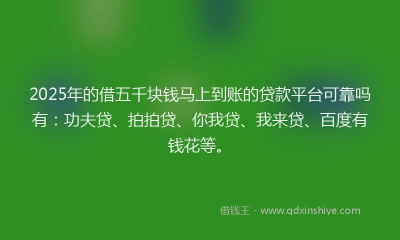 2025年的借五千块钱马上到账的贷款平台可靠吗有：功夫贷、拍拍贷、你我贷、我来贷、百度有钱花等。