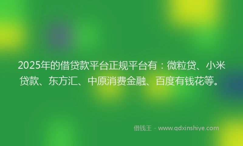 2025年的借贷款平台正规平台有：微粒贷、小米贷款、东方汇、中原消费金融、百度有钱花等。