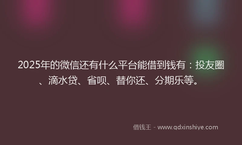 2025年的微信还有什么平台能借到钱有：投友圈、滴水贷、省呗、替你还、分期乐等。
