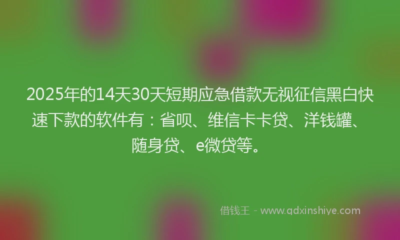 2025年的14天30天短期应急借款无视征信黑白快速下款的软件有：省呗、维信卡卡贷、洋钱罐、随身贷、e微贷等。
