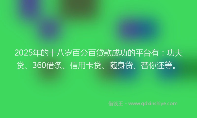 2025年的十八岁百分百贷款成功的平台有：功夫贷、360借条、信用卡贷、随身贷、替你还等。