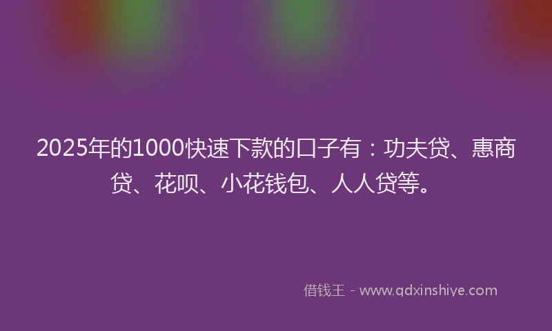 2025年的1000快速下款的口子有：功夫贷、惠商贷、花呗、小花钱包、人人贷等。