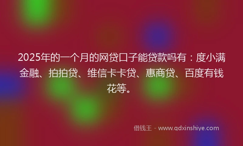 2025年的一个月的网贷口子能贷款吗有：度小满金融、拍拍贷、维信卡卡贷、惠商贷、百度有钱花等。