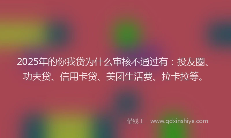 2025年的你我贷为什么审核不通过有：投友圈、功夫贷、信用卡贷、美团生活费、拉卡拉等。