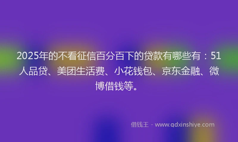 2025年的不看征信百分百下的贷款有哪些有：51人品贷、美团生活费、小花钱包、京东金融、微博借钱等。