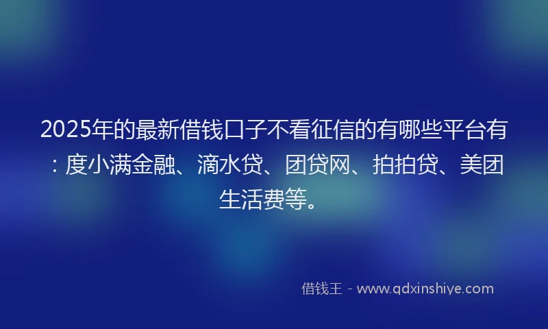 2025年的最新借钱口子不看征信的有哪些平台有：度小满金融、滴水贷、团贷网、拍拍贷、美团生活费等。