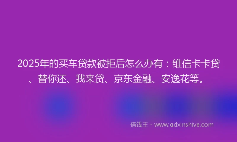 2025年的买车贷款被拒后怎么办有：维信卡卡贷、替你还、我来贷、京东金融、安逸花等。