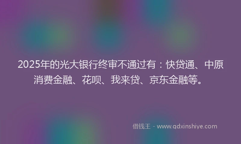 2025年的光大银行终审不通过有：快贷通、中原消费金融、花呗、我来贷、京东金融等。