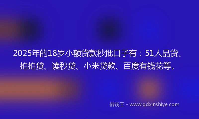 2025年的18岁小额贷款秒批口子有：51人品贷、拍拍贷、读秒贷、小米贷款、百度有钱花等。