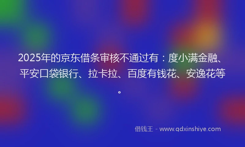 2025年的京东借条审核不通过有：度小满金融、平安口袋银行、拉卡拉、百度有钱花、安逸花等。