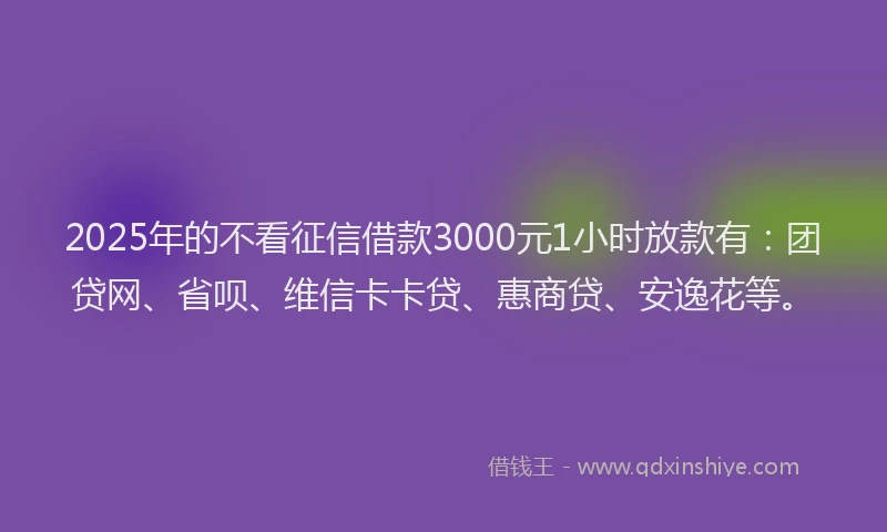 2025年的不看征信借款3000元1小时放款有：团贷网、省呗、维信卡卡贷、惠商贷、安逸花等。