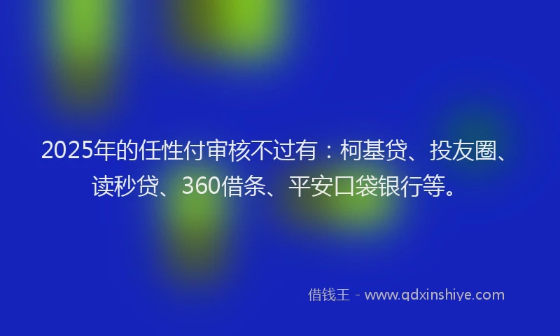 2025年的任性付审核不过有：柯基贷、投友圈、读秒贷、360借条、平安口袋银行等。