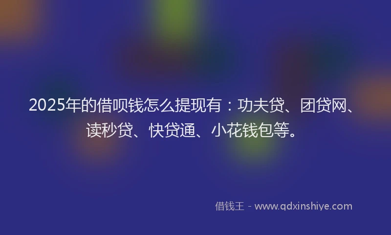 2025年的借呗钱怎么提现有：功夫贷、团贷网、读秒贷、快贷通、小花钱包等。