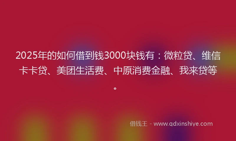 2025年的如何借到钱3000块钱有：微粒贷、维信卡卡贷、美团生活费、中原消费金融、我来贷等。