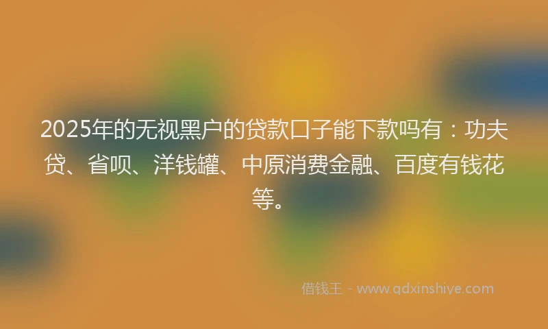 2025年的无视黑户的贷款口子能下款吗有：功夫贷、省呗、洋钱罐、中原消费金融、百度有钱花等。