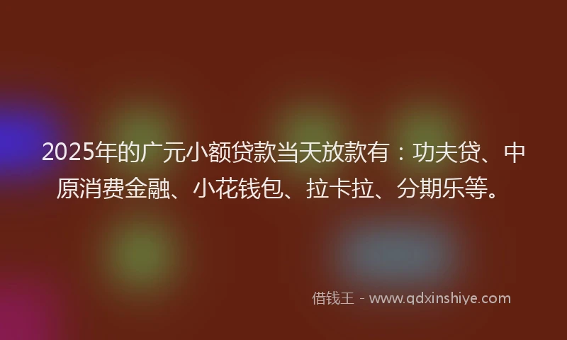 2025年的广元小额贷款当天放款有：功夫贷、中原消费金融、小花钱包、拉卡拉、分期乐等。