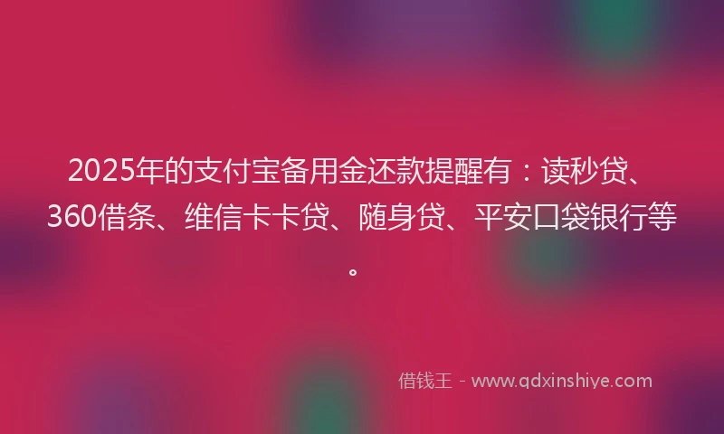 2025年的支付宝备用金还款提醒有：读秒贷、360借条、维信卡卡贷、随身贷、平安口袋银行等。