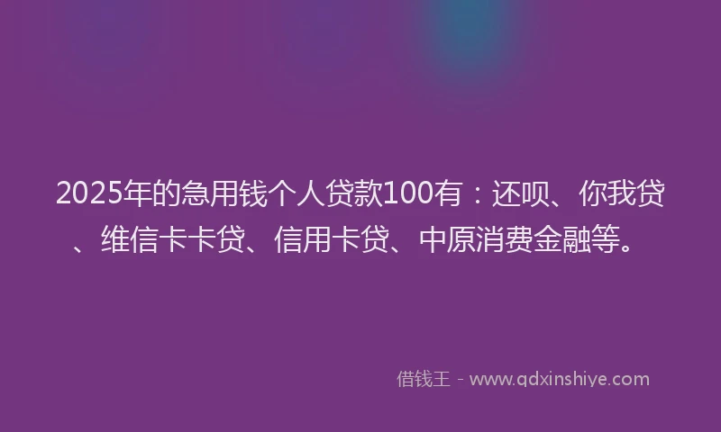 2025年的急用钱个人贷款100有：还呗、你我贷、维信卡卡贷、信用卡贷、中原消费金融等。