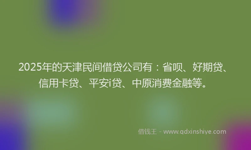 2025年的天津民间借贷公司有：省呗、好期贷、信用卡贷、平安i贷、中原消费金融等。