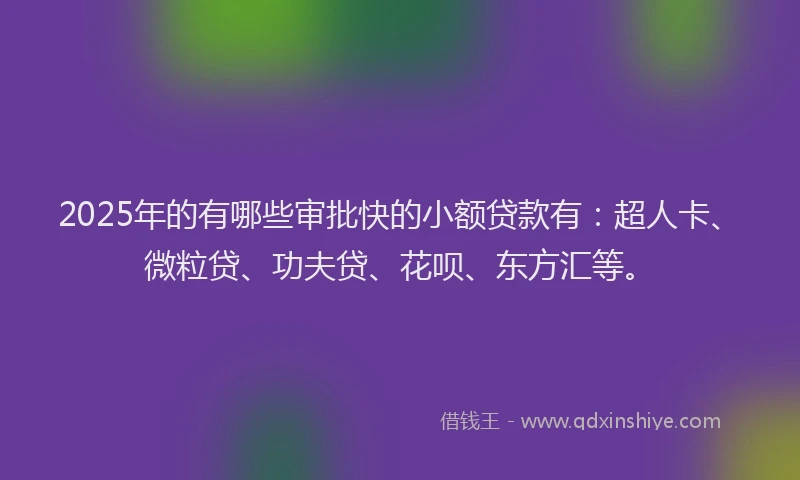 2025年的有哪些审批快的小额贷款有：超人卡、微粒贷、功夫贷、花呗、东方汇等。