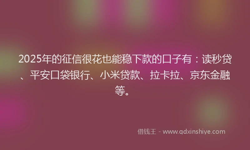 2025年的征信很花也能稳下款的口子有：读秒贷、平安口袋银行、小米贷款、拉卡拉、京东金融等。
