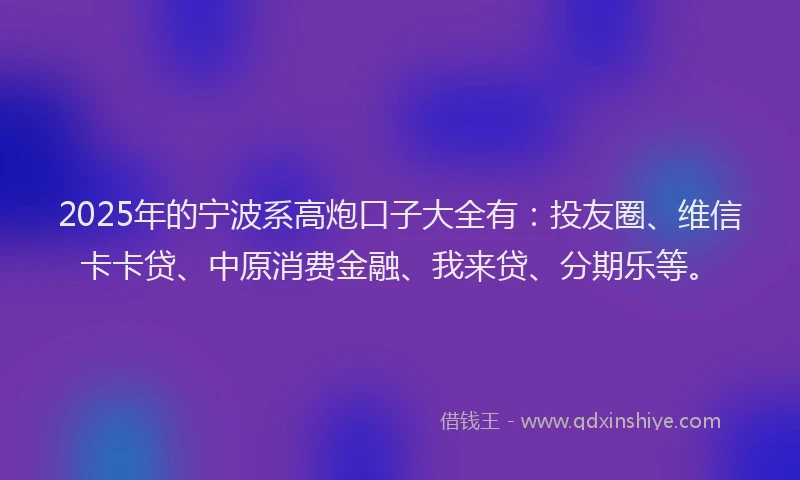 2025年的宁波系高炮口子大全有：投友圈、维信卡卡贷、中原消费金融、我来贷、分期乐等。