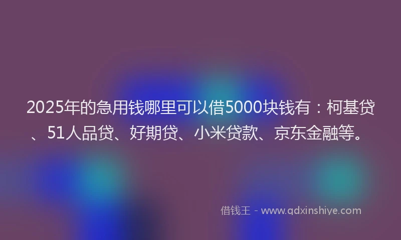 2025年的急用钱哪里可以借5000块钱有：柯基贷、51人品贷、好期贷、小米贷款、京东金融等。