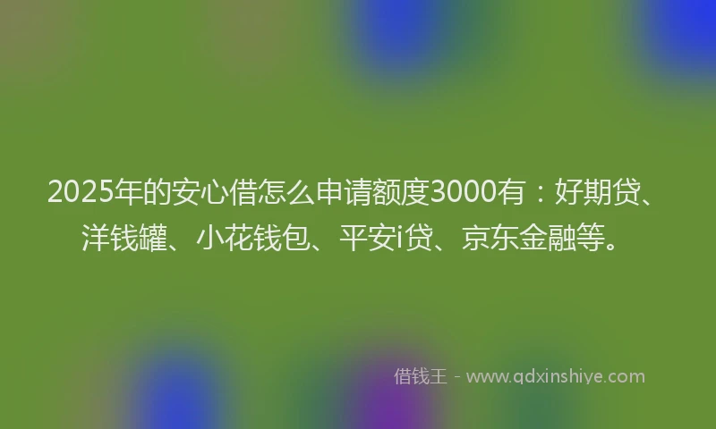 2025年的安心借怎么申请额度3000有：好期贷、洋钱罐、小花钱包、平安i贷、京东金融等。