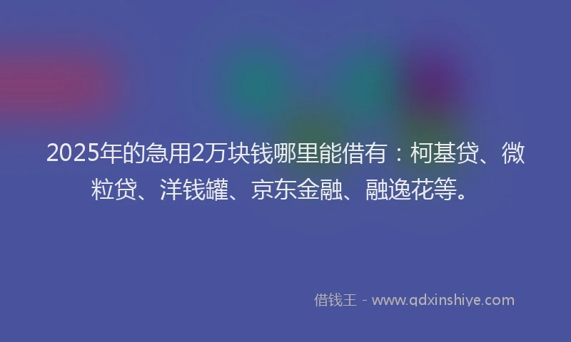 2025年的急用2万块钱哪里能借有：柯基贷、微粒贷、洋钱罐、京东金融、融逸花等。