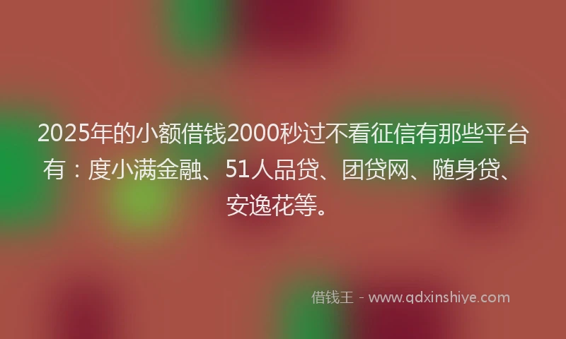 2025年的小额借钱2000秒过不看征信有那些平台有：度小满金融、51人品贷、团贷网、随身贷、安逸花等。