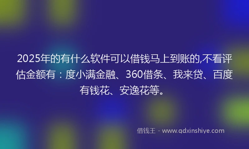 2025年的有什么软件可以借钱马上到账的,不看评估金额有：度小满金融、360借条、我来贷、百度有钱花、安逸花等。