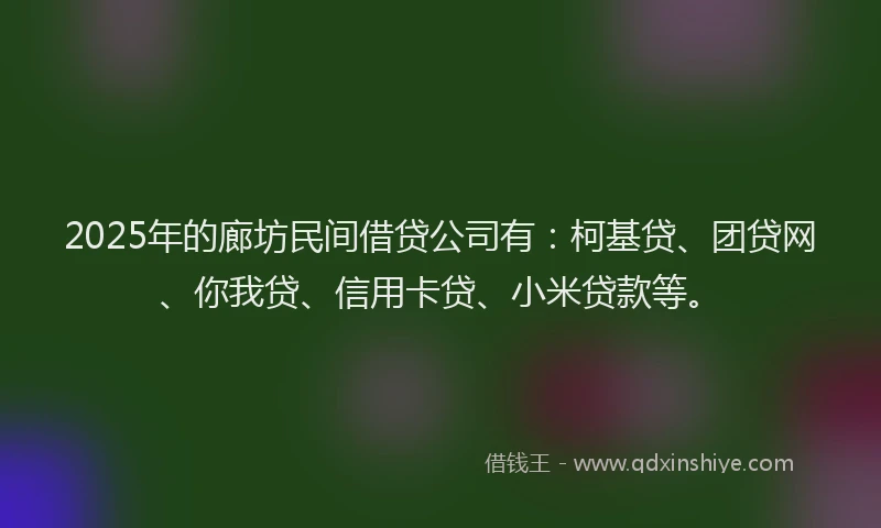 2025年的廊坊民间借贷公司有：柯基贷、团贷网、你我贷、信用卡贷、小米贷款等。