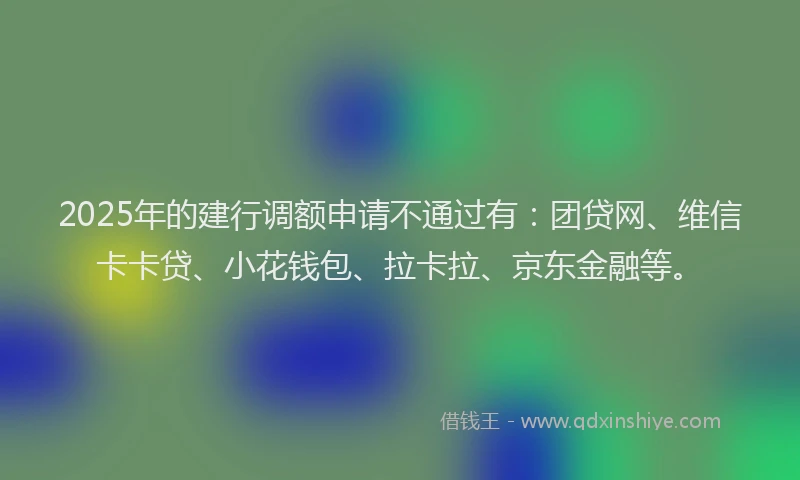 2025年的建行调额申请不通过有：团贷网、维信卡卡贷、小花钱包、拉卡拉、京东金融等。