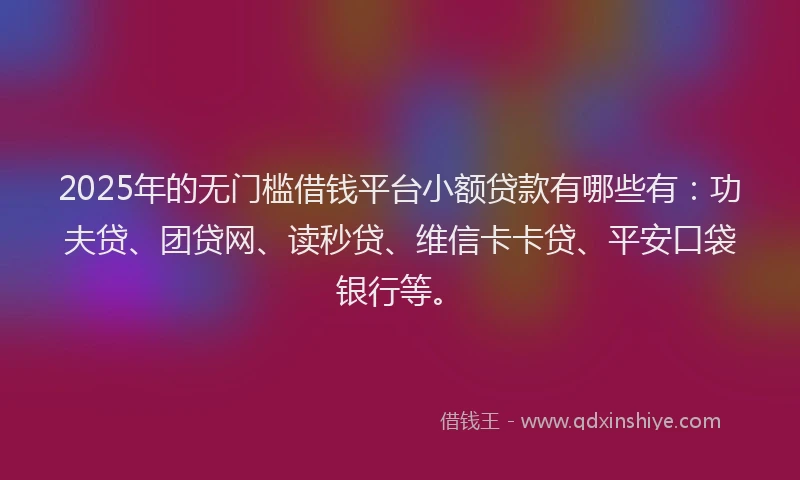 2025年的无门槛借钱平台小额贷款有哪些有：功夫贷、团贷网、读秒贷、维信卡卡贷、平安口袋银行等。