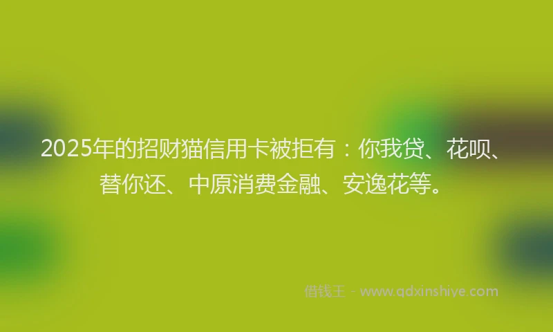 2025年的招财猫信用卡被拒有：你我贷、花呗、替你还、中原消费金融、安逸花等。